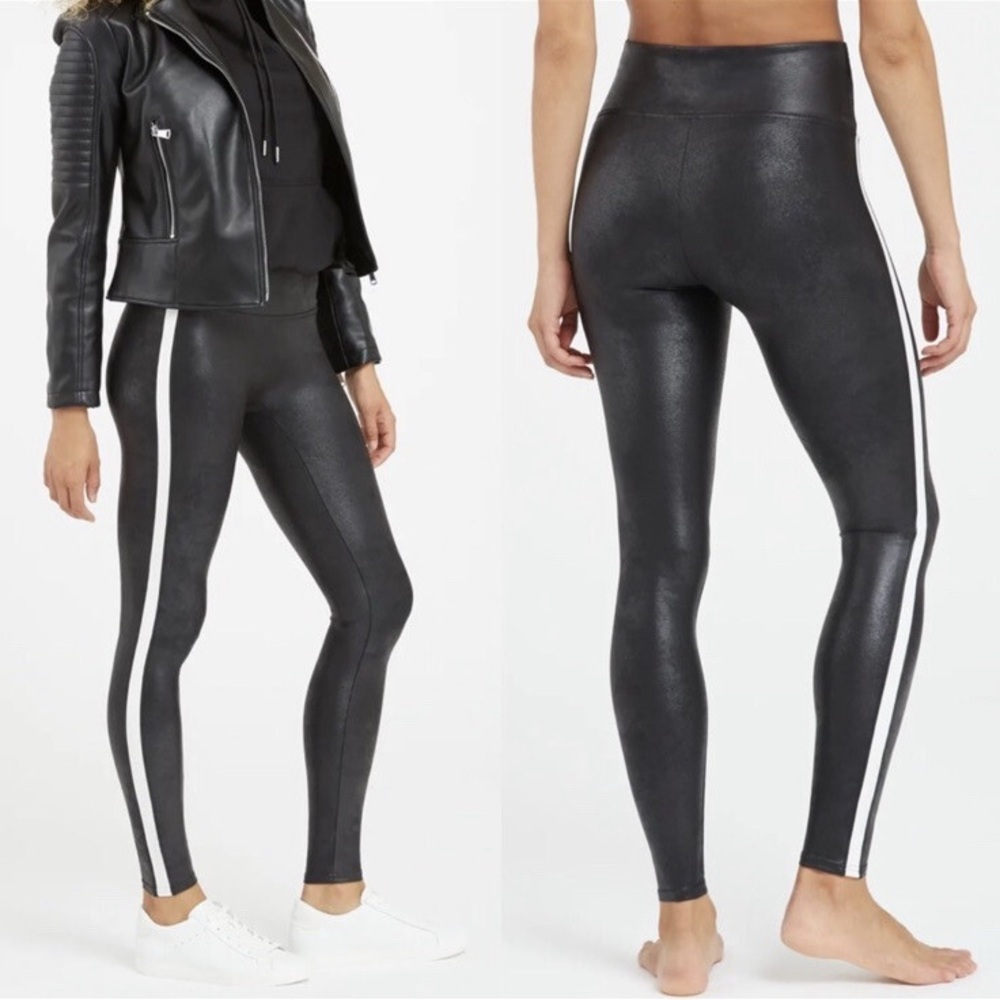 SPANX Black Faux Leather Leggings with White Stripe
